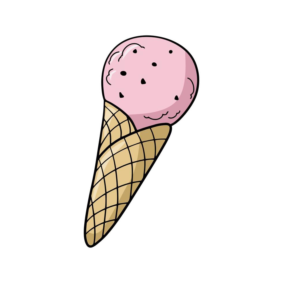 Pink fruit cold ice cream in a waffle cone with chocolate chips, vector illustration in cartoon style on a white background