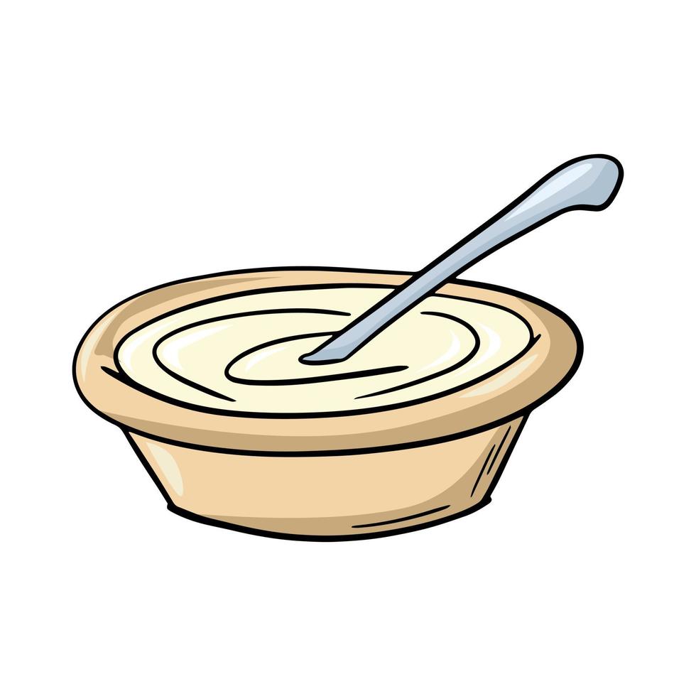 plato hondo de cerámica ligera con avena, crema agria espesa, con una cuchara, ilustración vectorial en estilo de dibujos animados sobre un fondo blanco vector