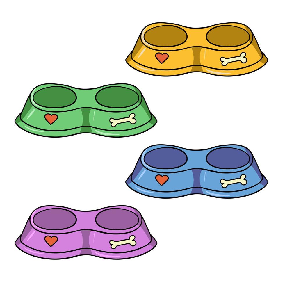 A set of different colored icons, a double bowl for dogs, a vector illustration in cartoon style on a white background