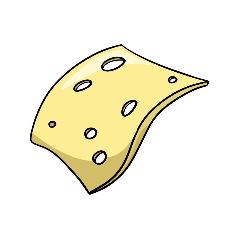 Yellow thin slice of cheese, vector illustration in cartoon style on a white background