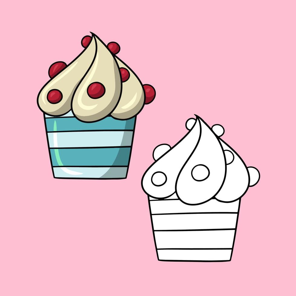 A set of pictures, a delicious cupcake poured with sweet delicate cream with bright berries in a striped cup vector in cartoon style on a pink background
