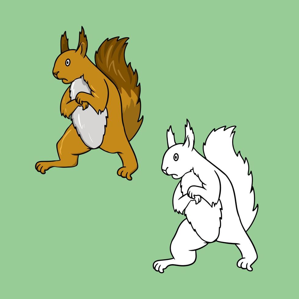 A set of pictures, A bright fluffy frightened squirrel standing on its hind legs, a vector illustration in cartoon style on a colored background