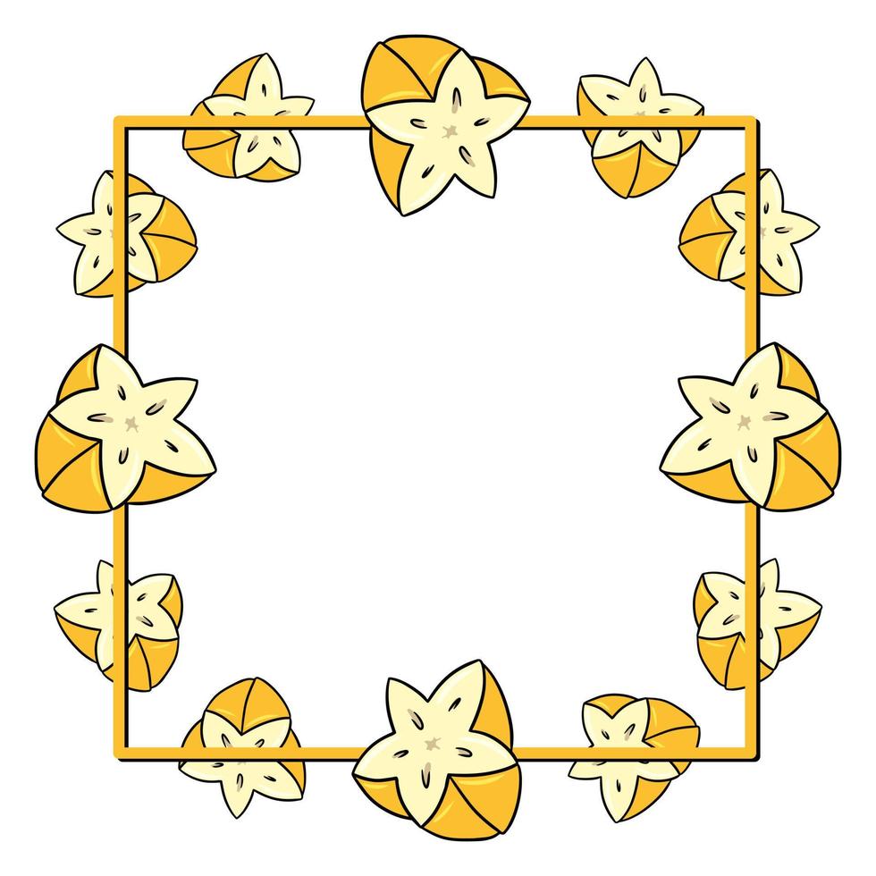 Square frame, bright yellow juicy halves of tropical fruit carambola , copy space, vector illustration in cartoon style on a white background
