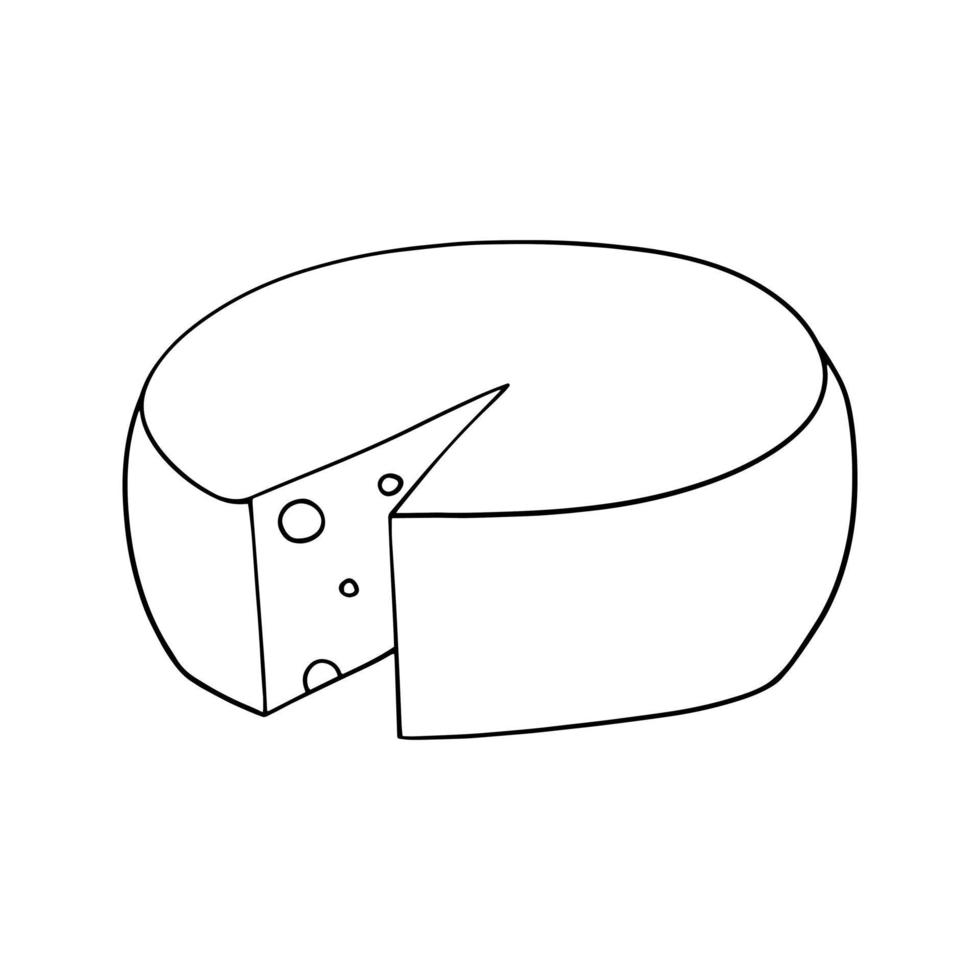 ilustración monocromática, una gran cabeza de queso con una pieza cortada, vector en estilo de dibujos animados sobre un fondo blanco