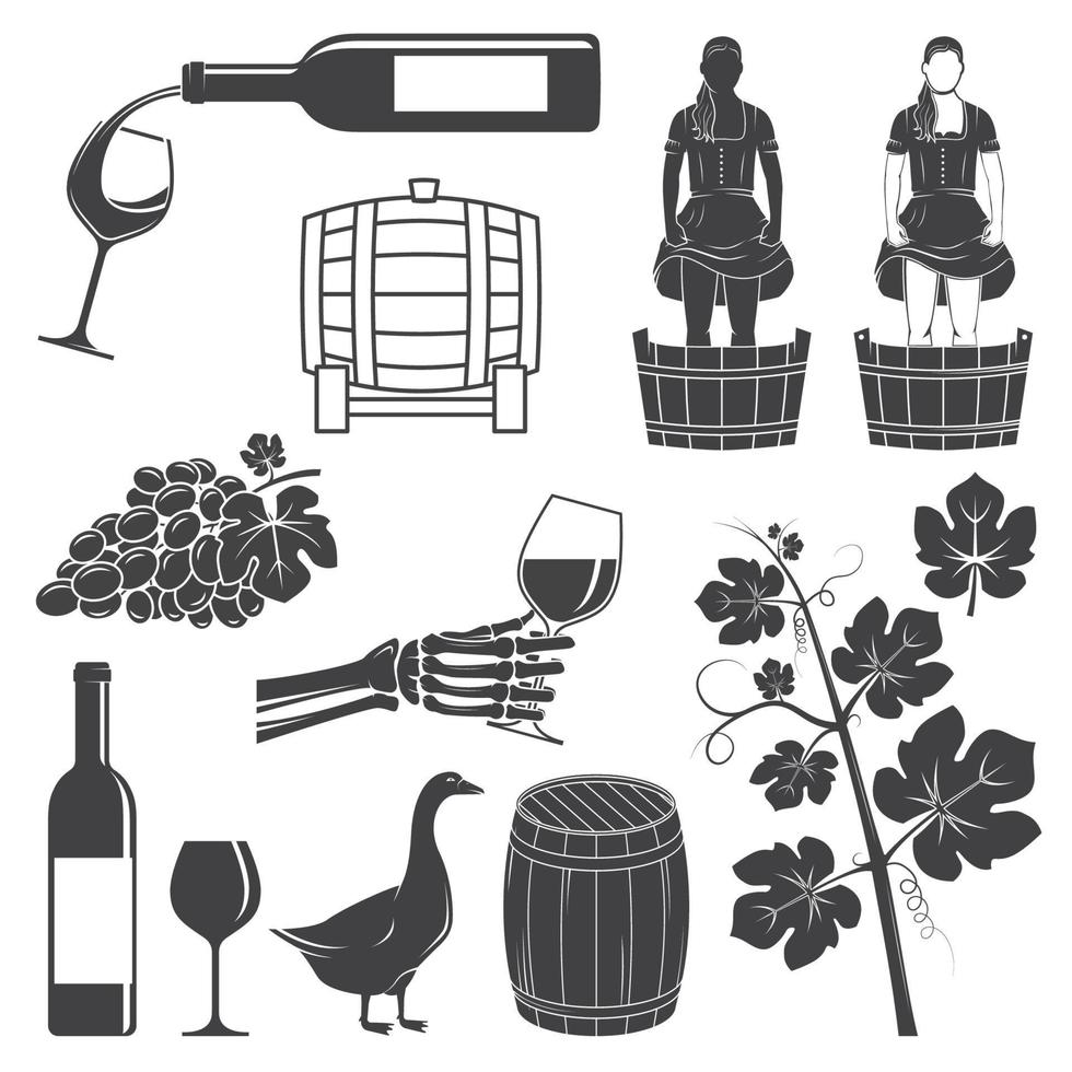 Set of Wine silhouette icons. Vector illustration.