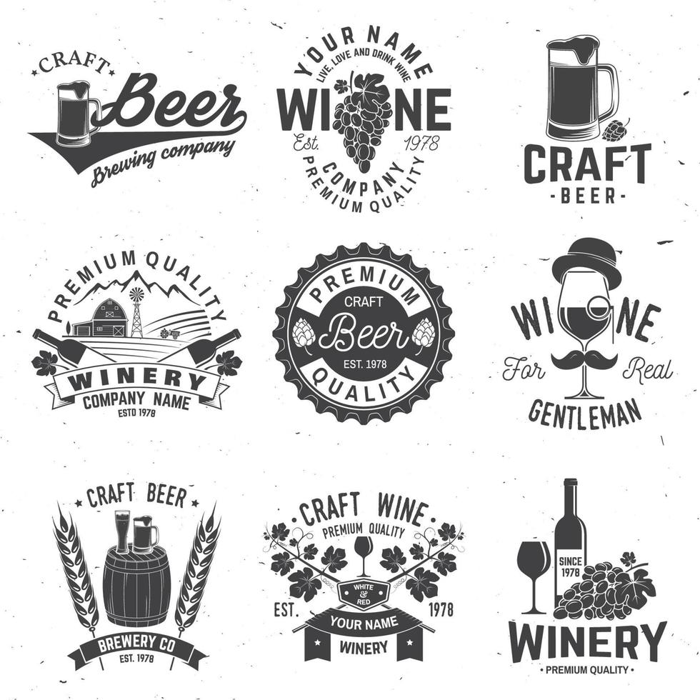 conjunto de insignia, signo o etiqueta de la empresa de cerveza artesanal y bodega. ilustración vectorial vector