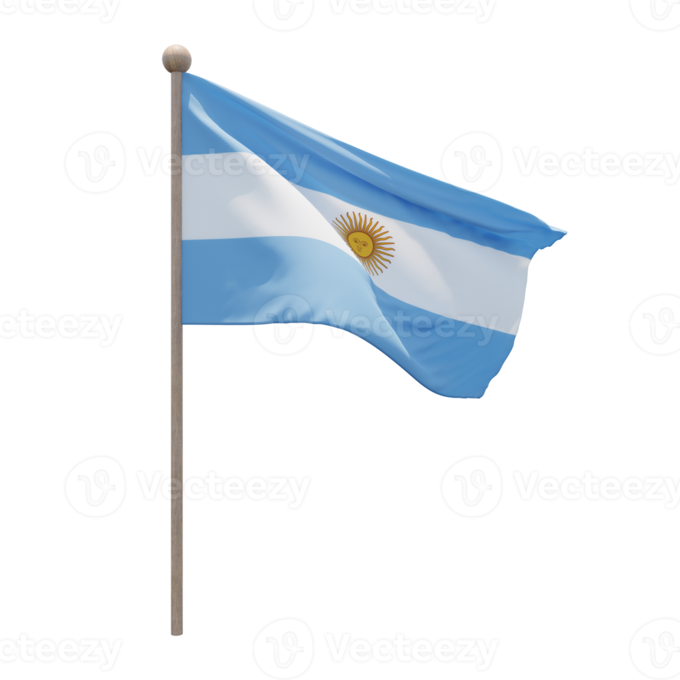 Argentina 3d illustration flag on pole. Wood flagpole png
