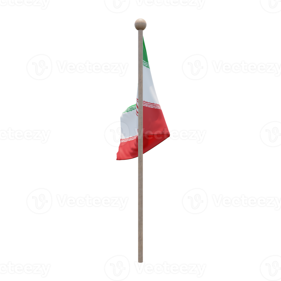 Iran 3d illustration flag on pole. Wood flagpole png
