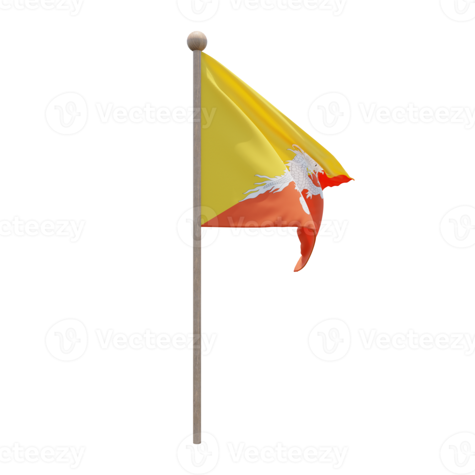 Bhutan 3d illustration flag on pole. Wood flagpole png