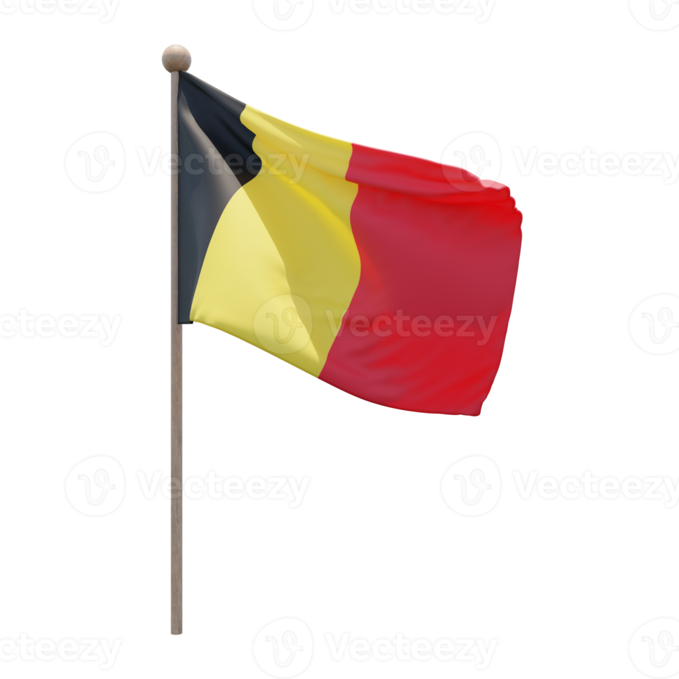 Belgium 3d illustration flag on pole. Wood flagpole png