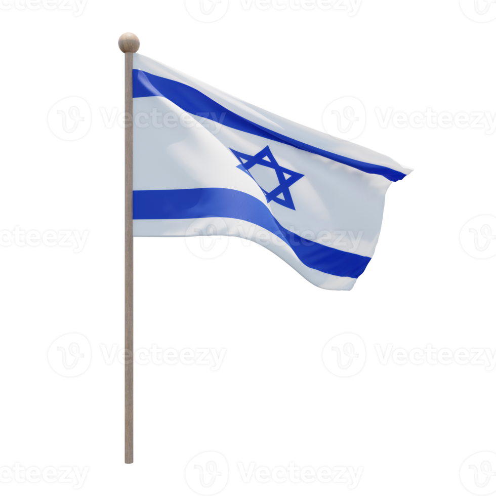 Israel 3d illustration flag on pole. Wood flagpole png