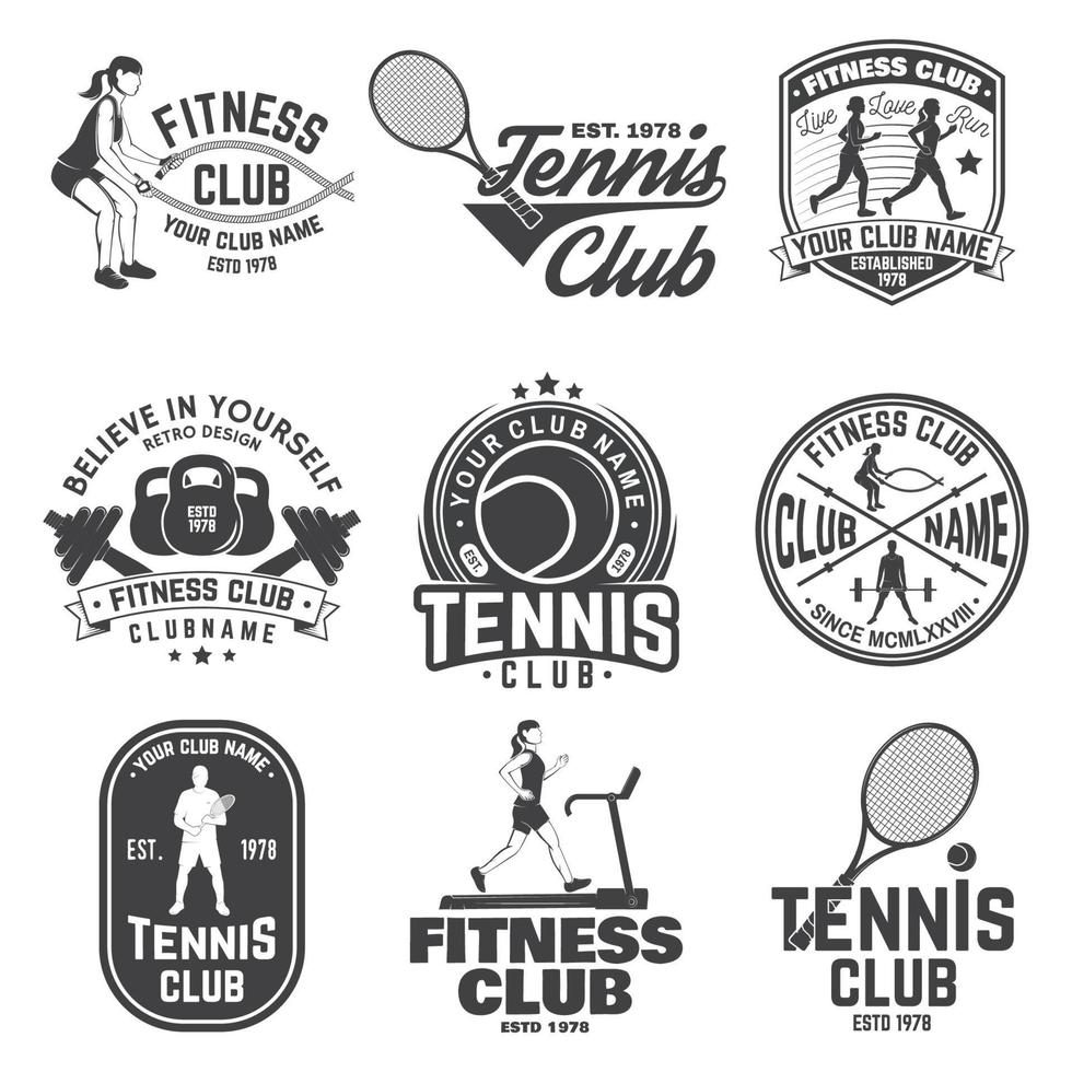 conjunto de concepto de fitness y club de tenis con chicas haciendo ejercicio y silueta de tenista. vector