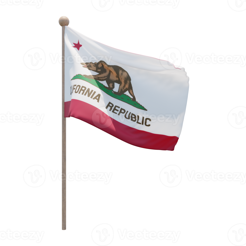 California 3d illustration flag on pole. Wood flagpole png