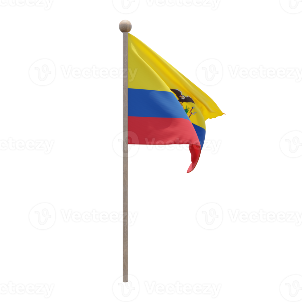 Ecuador 3d illustration flag on pole. Wood flagpole png