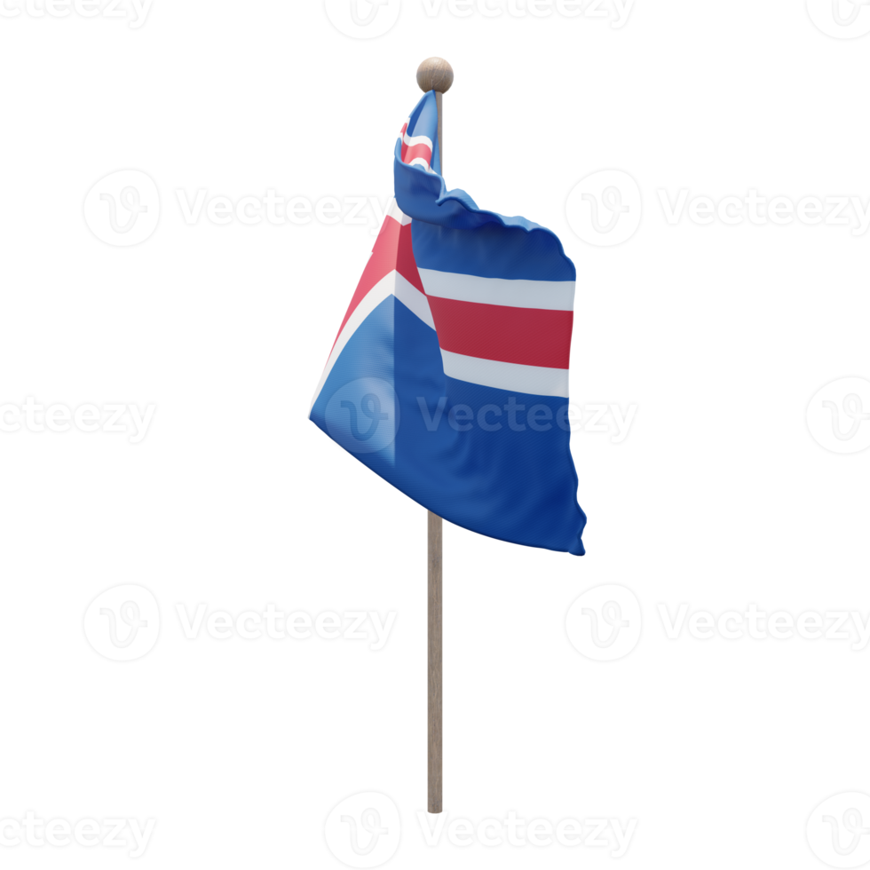 Iceland 3d illustration flag on pole. Wood flagpole png