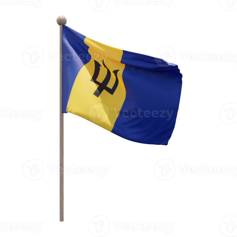 Barbados 3d illustration flag on pole. Wood flagpole png