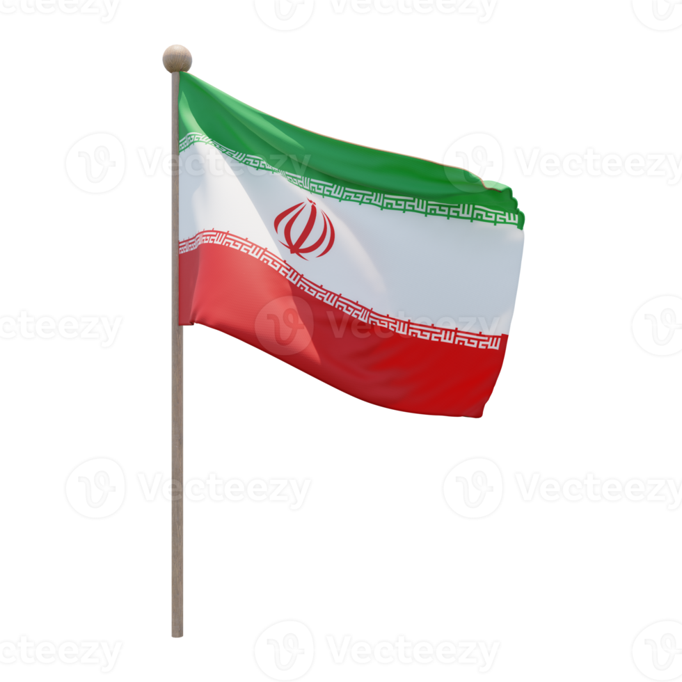 Iran 3d illustration flag on pole. Wood flagpole png