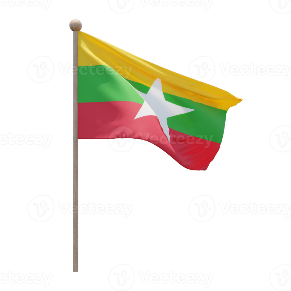 Myanmar 3d illustration flag on pole. Wood flagpole png