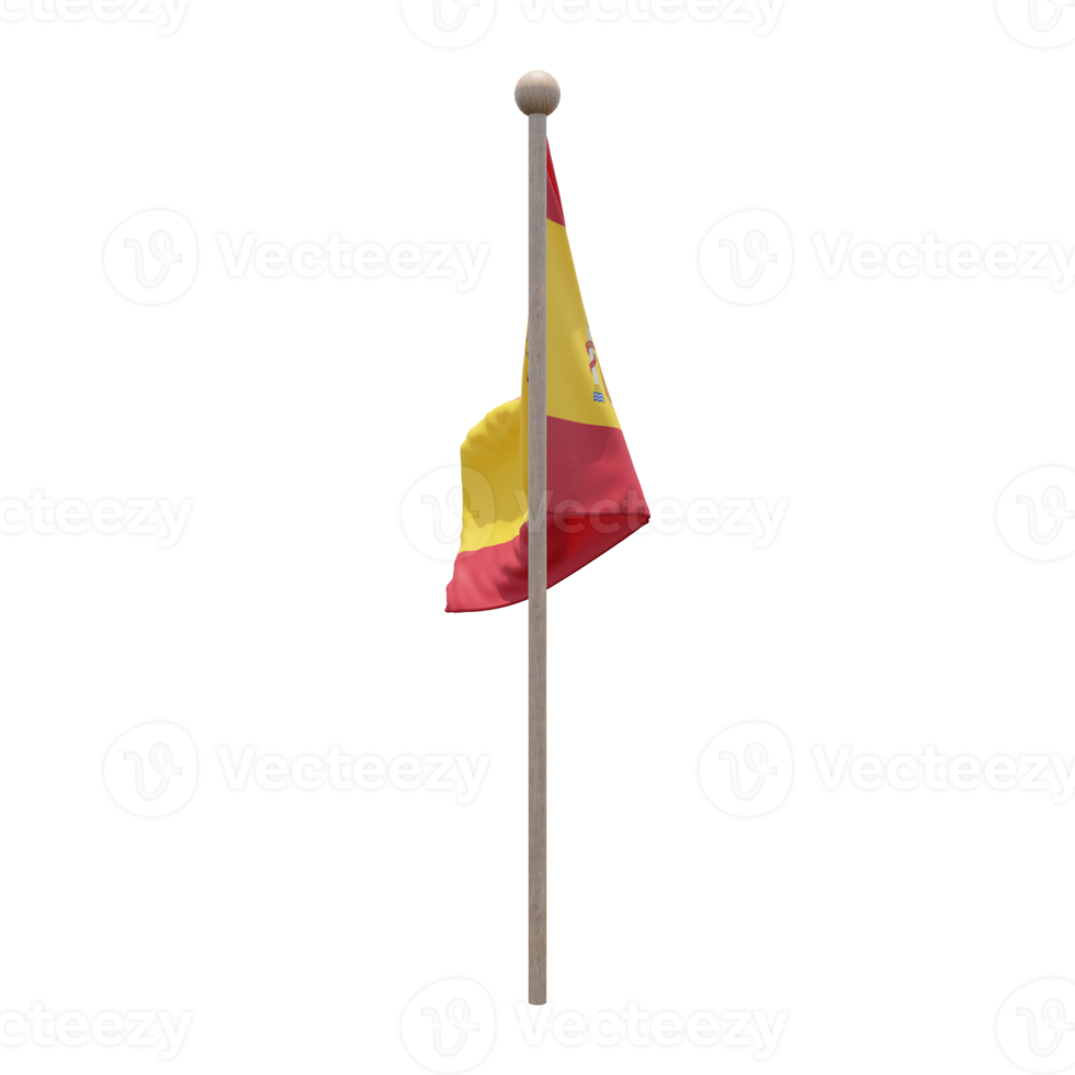 Spanien 3D-Darstellung Flagge auf der Stange. Fahnenmast aus Holz png