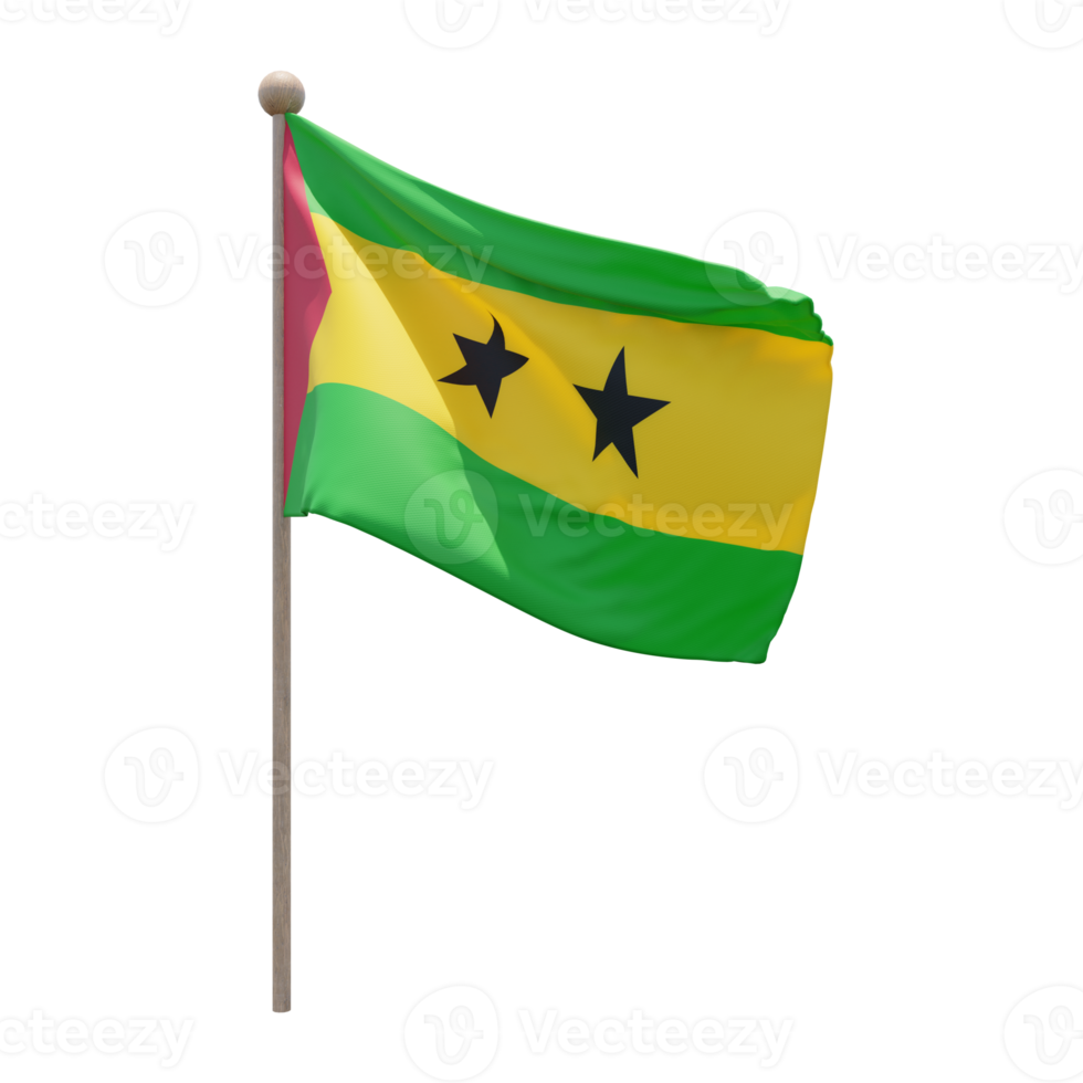Sao Tome and Principe 3d illustration flag on pole. Wood flagpole png