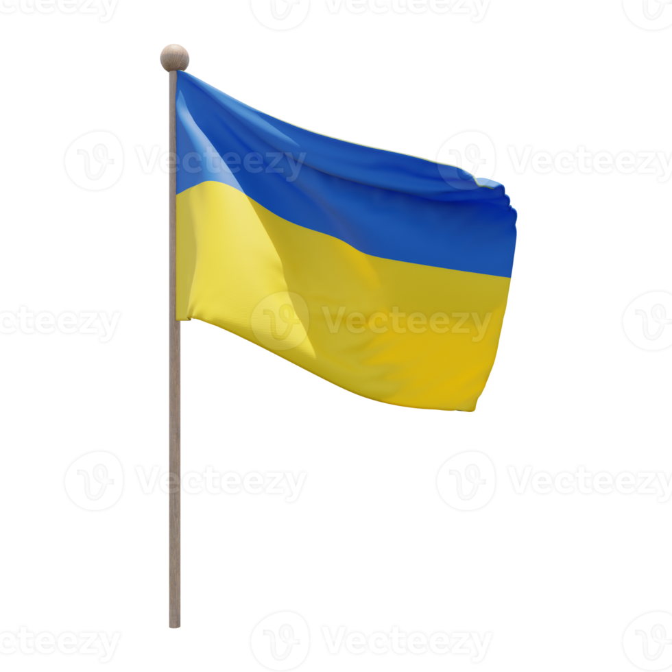 Ukraine 3d illustration flag on pole. Wood flagpole png