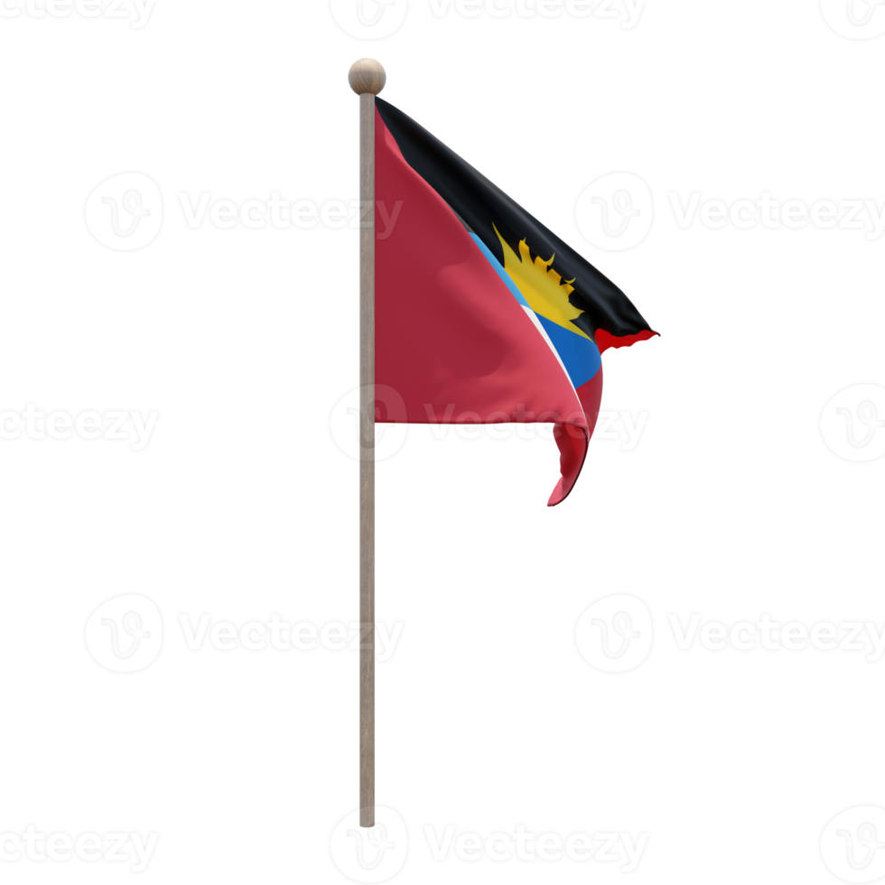 Antigua and Barbuda 3d illustration flag on pole. Wood flagpole png