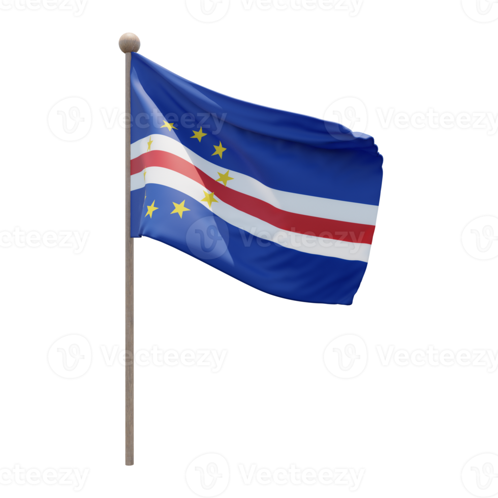 Cape Verde 3d illustration flag on pole. Wood flagpole png