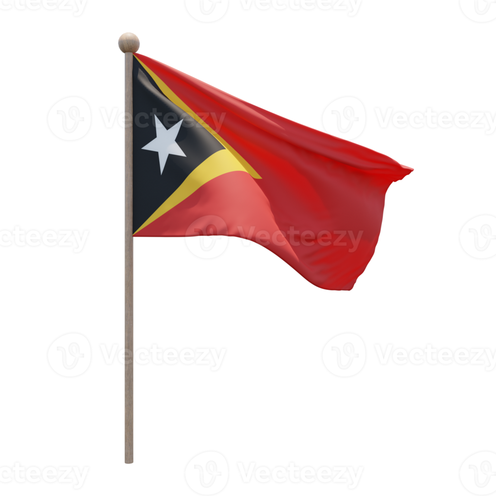 East Timor 3d illustration flag on pole. Wood flagpole png