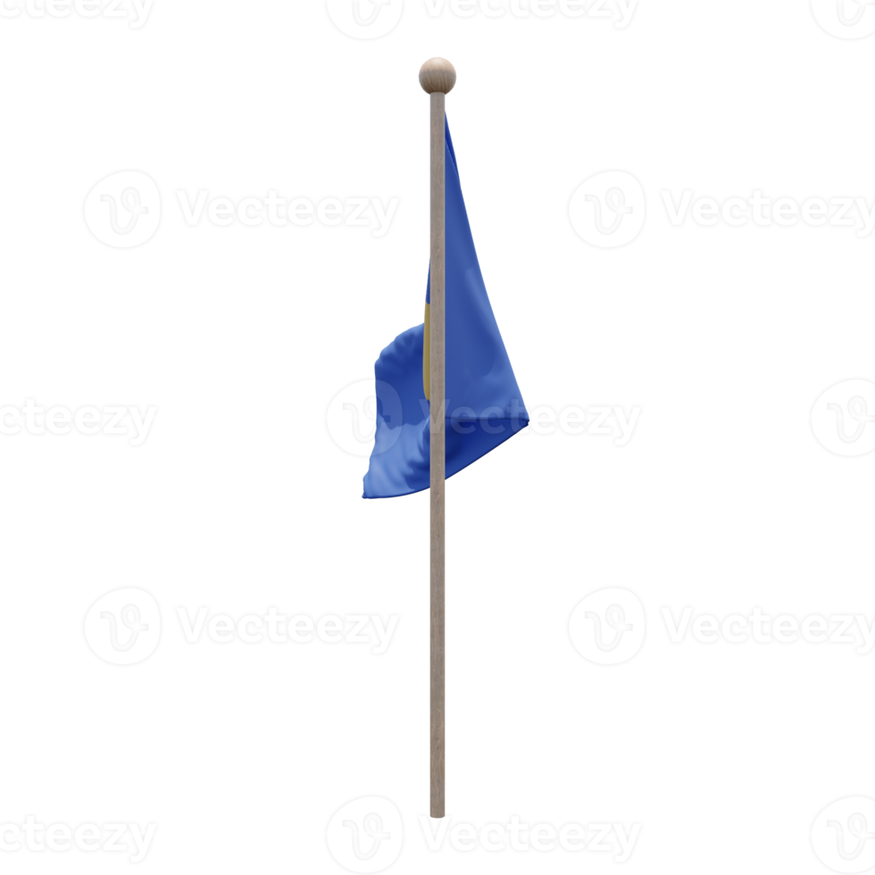 Kosovo 3d illustration flag on pole. Wood flagpole png