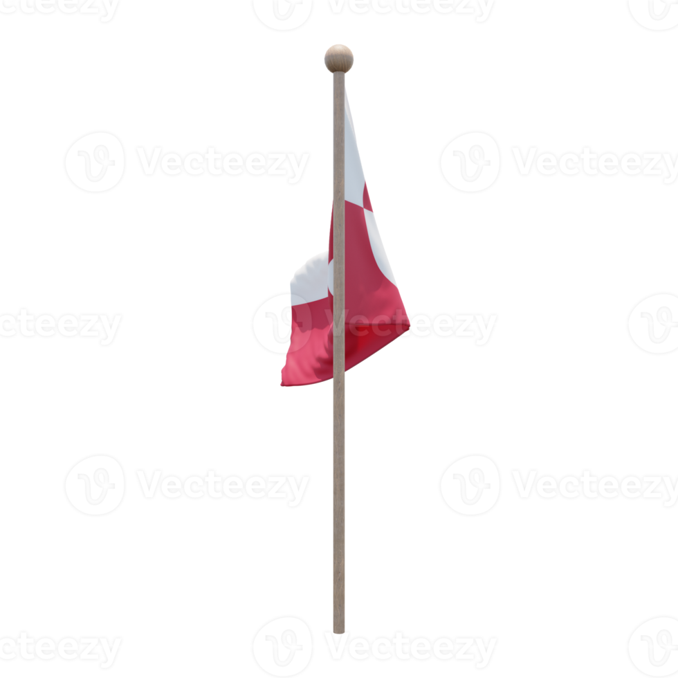 Greenland 3d illustration flag on pole. Wood flagpole png