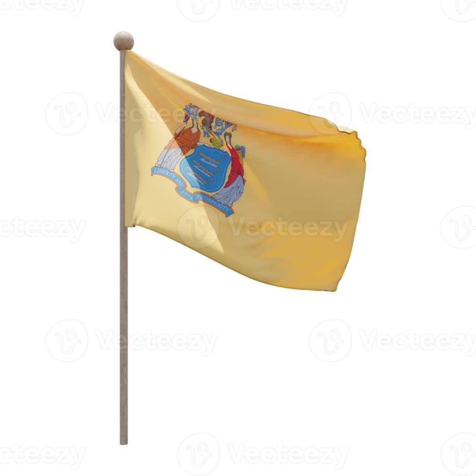 New Jersey 3D-Darstellung Flagge auf der Stange. Fahnenmast aus Holz png