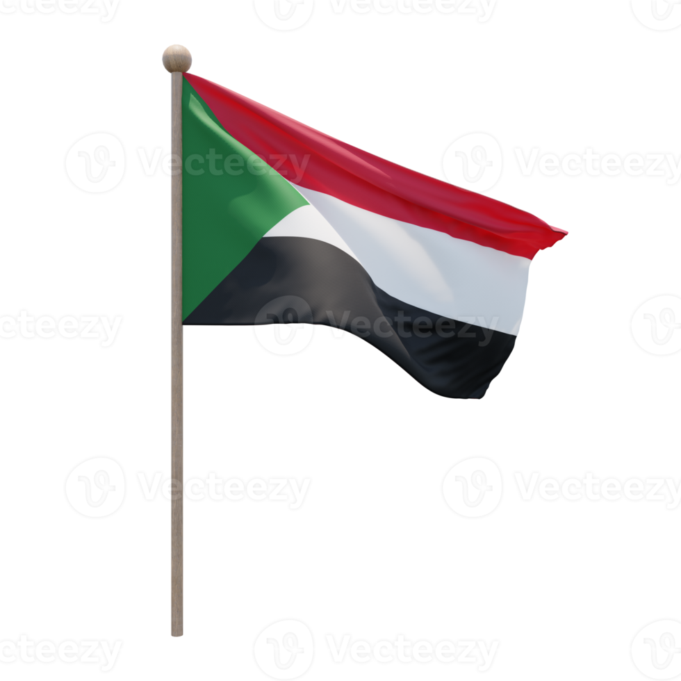 Sudan 3d illustration flag on pole. Wood flagpole png
