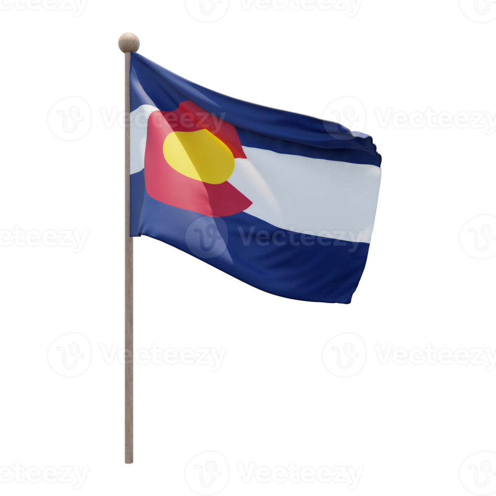 Colorado 3d illustration flag on pole. Wood flagpole png