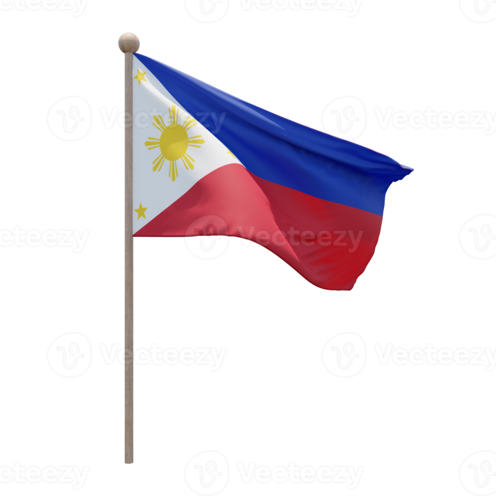 Philippines 3d illustration flag on pole. Wood flagpole png