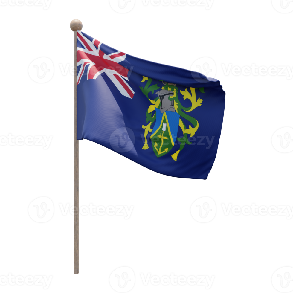Pitcairn Islands 3d illustration flag on pole. Wood flagpole png