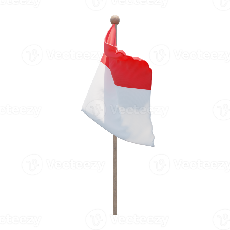 Indonesia 3d illustration flag on pole. Wood flagpole png