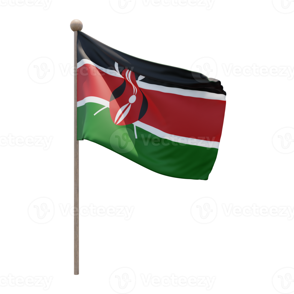 Kenya 3d illustration flag on pole. Wood flagpole png