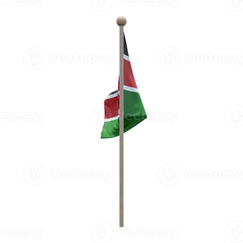 Kenya 3d illustration flag on pole. Wood flagpole png