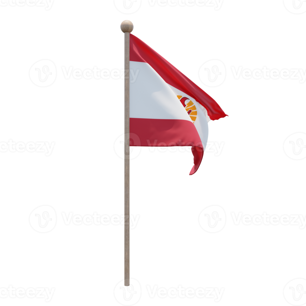French Polynesia 3d illustration flag on pole. Wood flagpole png