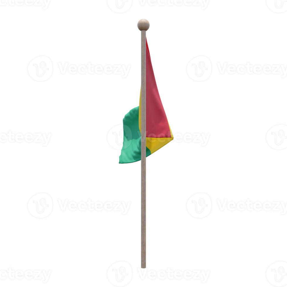 Guinea 3d illustration flag on pole. Wood flagpole png