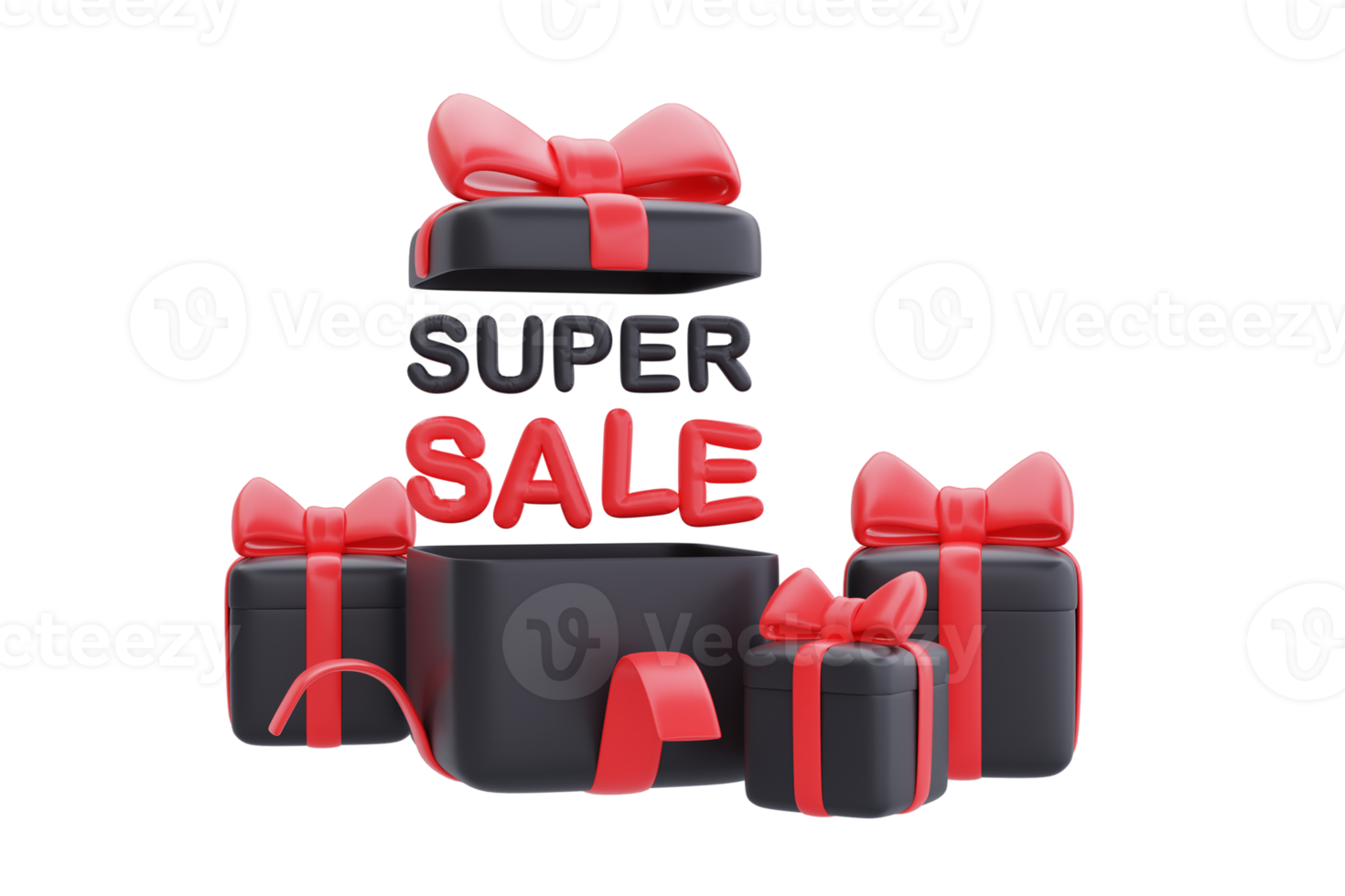 Black Friday Super Sale with opened gift boxes, Christmas and Happy New Year promotion, 3d rendering. png