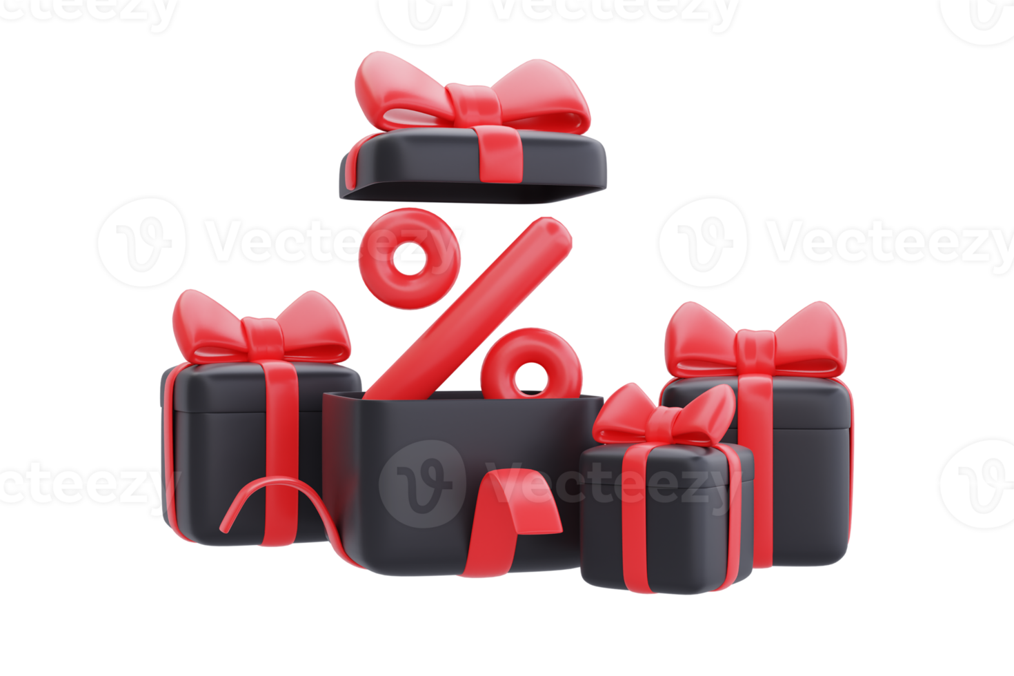 Black Friday Super Sale with opened gift boxes, Christmas and Happy New Year promotion, 3d rendering. png