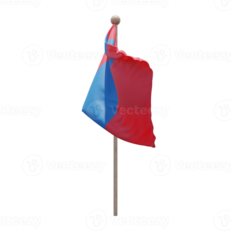 Mongolia 3d illustration flag on pole. Wood flagpole png