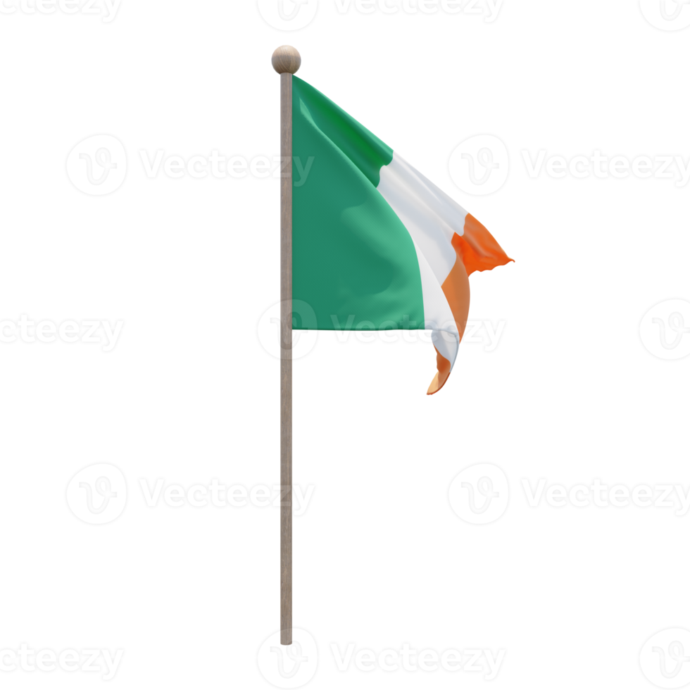 Irland 3D-Darstellung Flagge auf der Stange. Fahnenmast aus Holz png