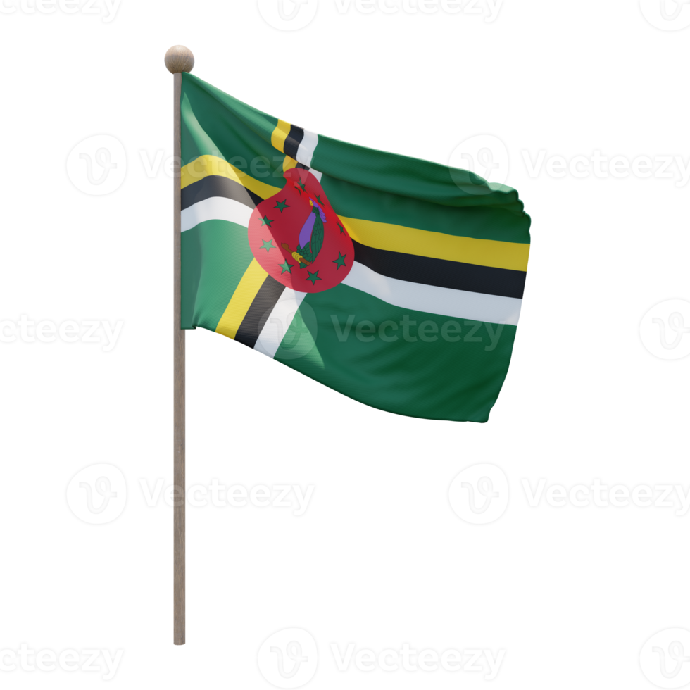 Dominica 3d illustration flag on pole. Wood flagpole png