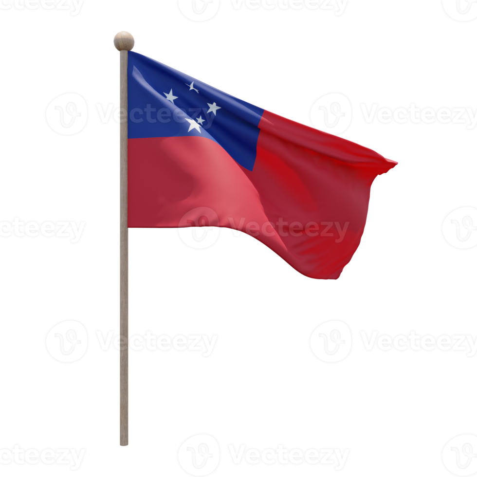 Samoa 3d illustration flag on pole. Wood flagpole png