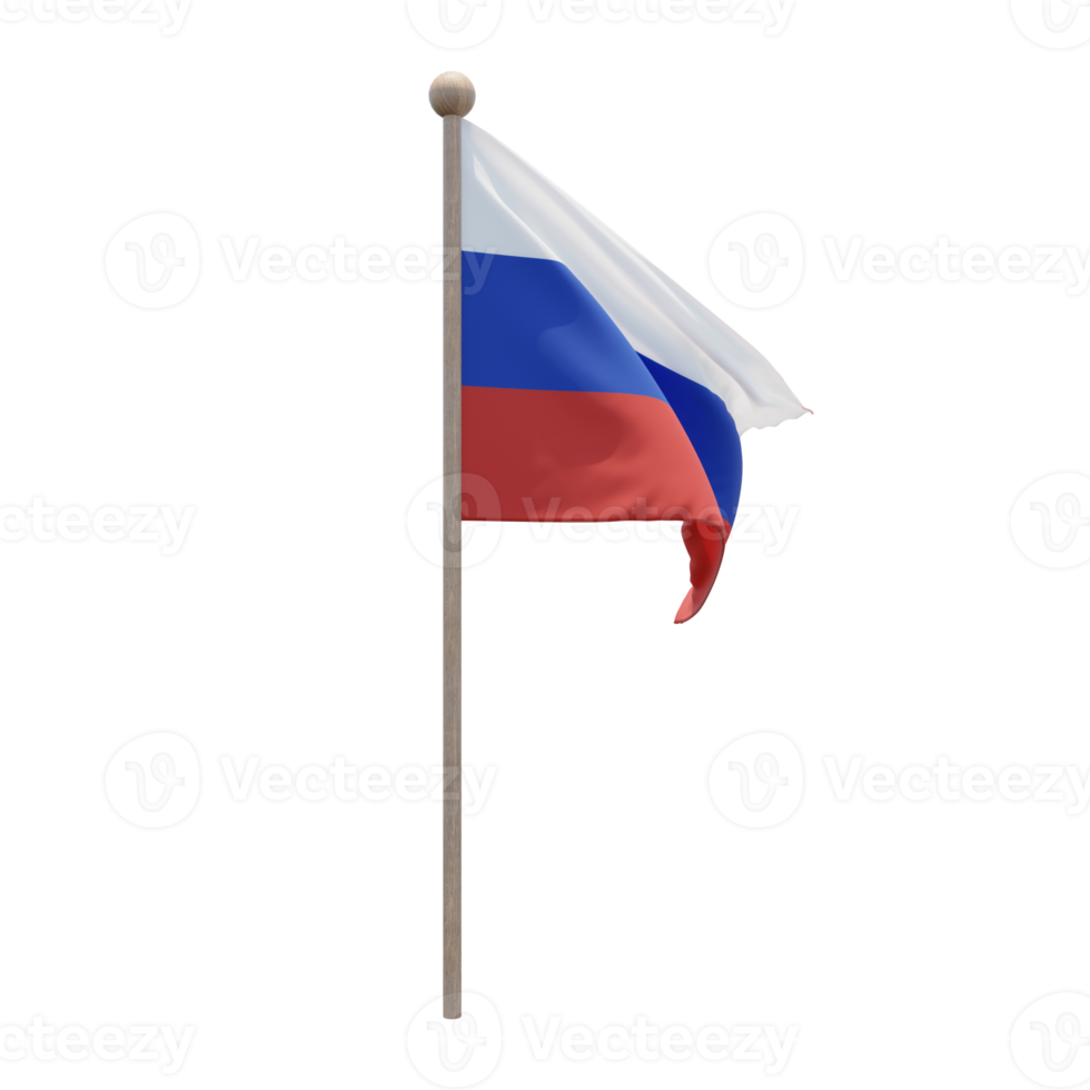 Russia 3d illustration flag on pole. Wood flagpole png