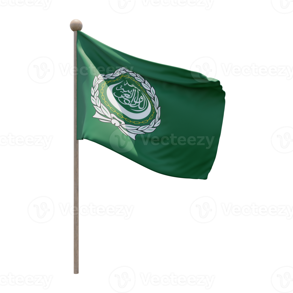 Arab League 3d illustration flag on pole. Wood flagpole png