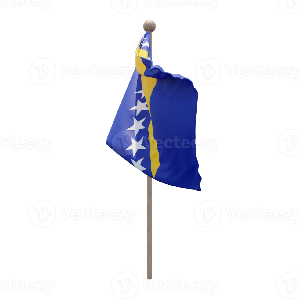 Bosnia and Herzegovina 3d illustration flag on pole. Wood flagpole png