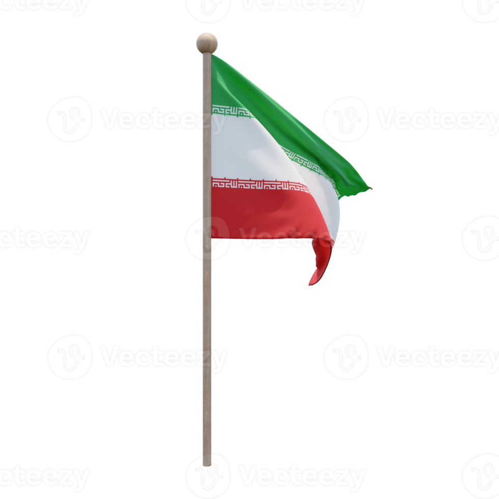 Iran 3d illustration flag on pole. Wood flagpole png